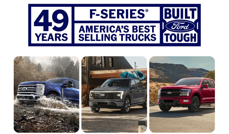 A row of various Ford pickup trucks below a graphic that reads 49 years, F‑Series®, America’s best‑selling trucks, Built Ford Tough®