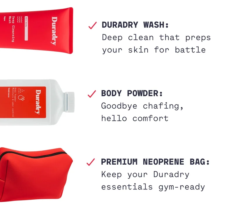✓ Duradry Wash: Deep clean that preps your skin for battle&nbsp;  ✓ Body Powder: Goodbye chafing, hello comfort &nbsp; ✓ Premium Neoprene Bag: Keep your Duradry essentials gym-ready
