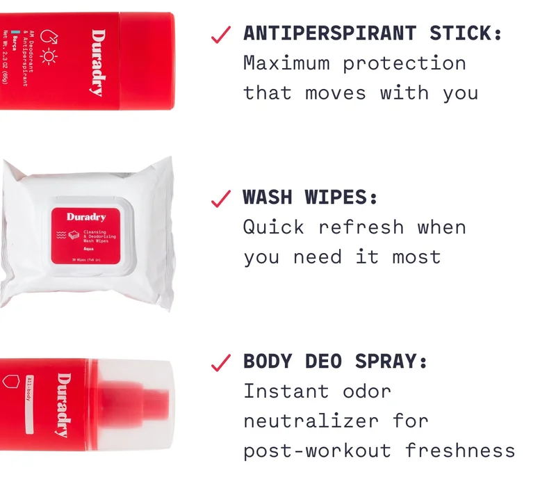 ✓ Antiperspirant Stick: Maximum protection that moves with you &nbsp; ✓ Wash Wipes: Quick refresh when you need it most &nbsp; ✓ Body Deo Spray: Instant odor neutralizer for post-workout freshness