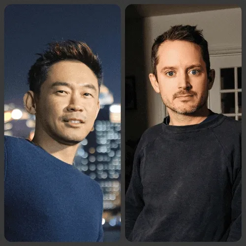 Portrait images of James Wan, Elijah Wood, and Daniel Noah.