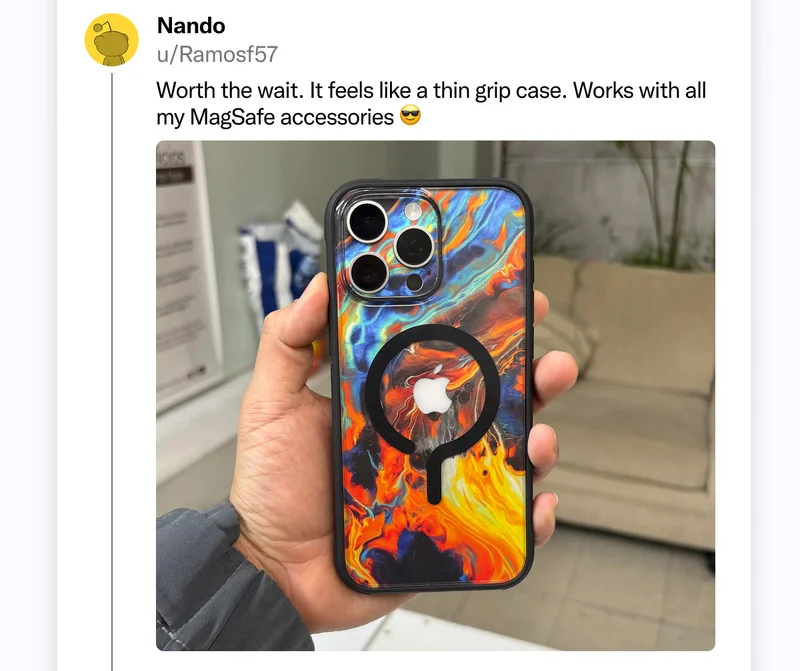 Nando on Reddit: "Worth the wait. It feels like a thin grip case. Works with all my MagSafe accessories"