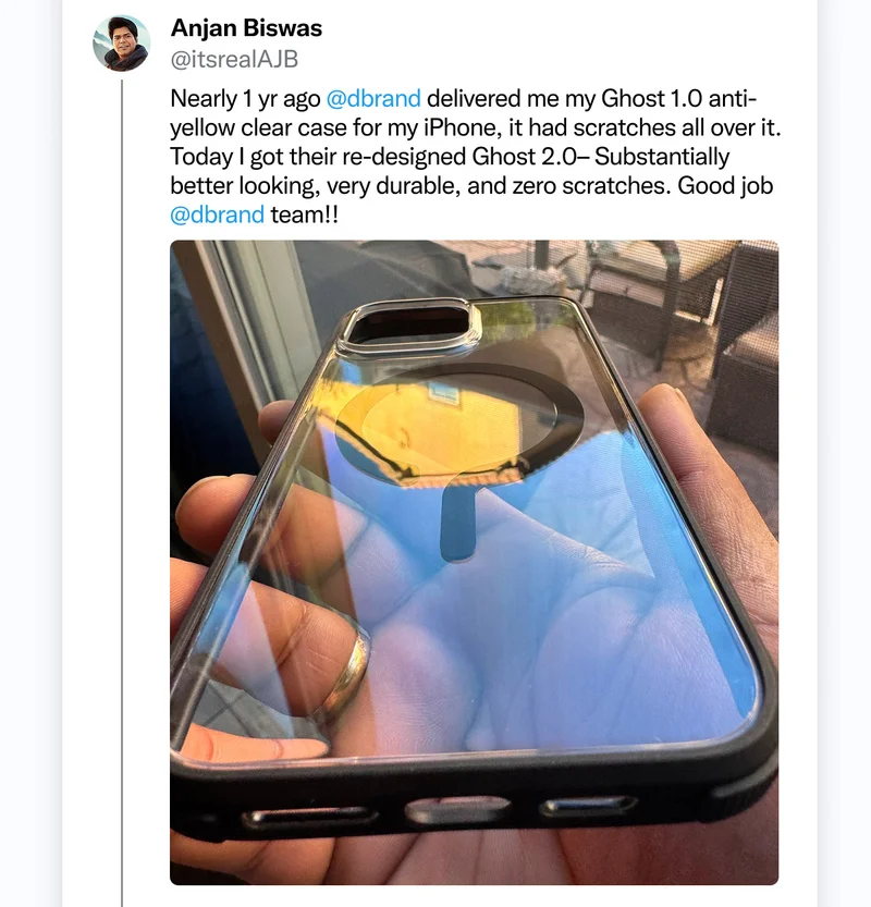 Anjan Biswas on Twitter: "Nearly 1 yr ago dbrand delivered me my Ghost 1.0 anti-yellow clear case for my iPhone, it had scratches all over it. Today I got their re-designed Ghost 2.0 - substantially better looking, very durable, and zero scratches. Good job dbrand team!!"