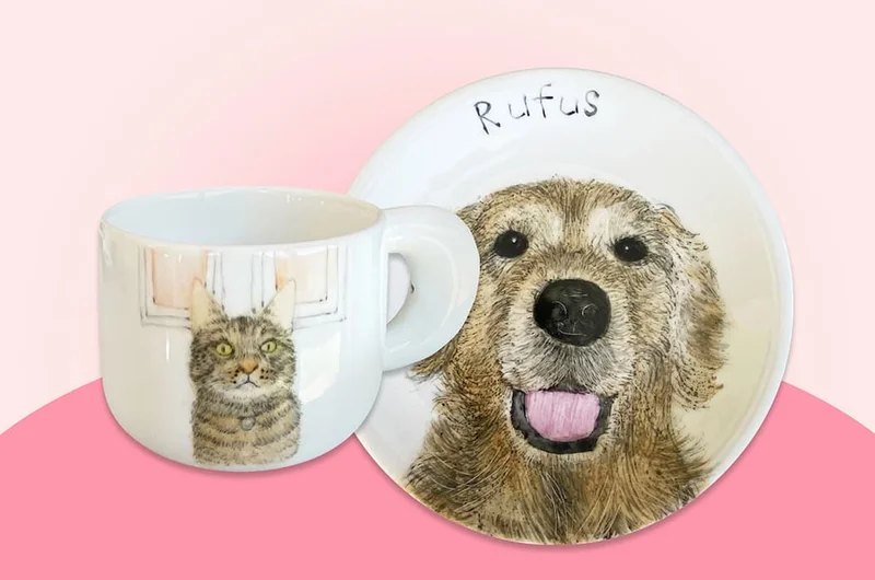 Image of a hand-painted pet portrait mug and plate