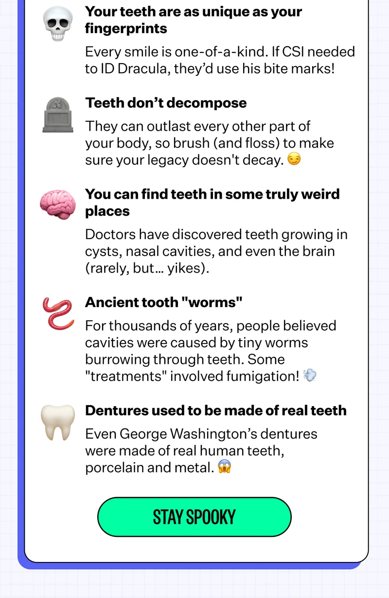 You teeth are as unique as your fingerprints - Every smile is one-of-a-kind. If CSI needed to ID Dracula, they'd use his bite marks! | Teeth don't decompose - They can outlast every other part of your body, so brush (and floss) to make sure your legacy doesn't decay. | You can find teeth in some truly weird places - Doctors have discovered teeth growing in cysts, nasal cavities, and even the brain (rarely, but... yikes). | Ancient tooth "worms" - For thousands of years, people believed cavities were caused by tiny worms burrowing through teeth. Some "treatments" involved fumigation! | Dentures used to be made of real teeth - Even George Washington's dentures were made of real human teeth, porcelain and metal. | Stay Spooky