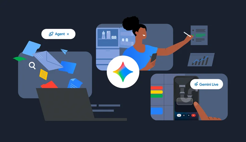 Google Gemini logo surrounded by scenes of digital productivity, household management, and live mobile assistance.