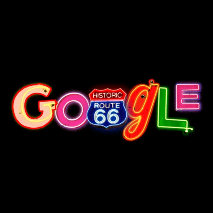 Flickering neon Google logo with a Route 66 shield for the second “o.”