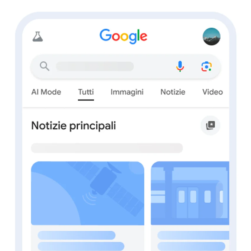 Italian Google mobile search interface featuring news cards with satellite and train illustrations.