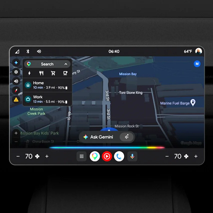 Car infotainment screen showing Google Maps with a Gemini voice assistant prompt.