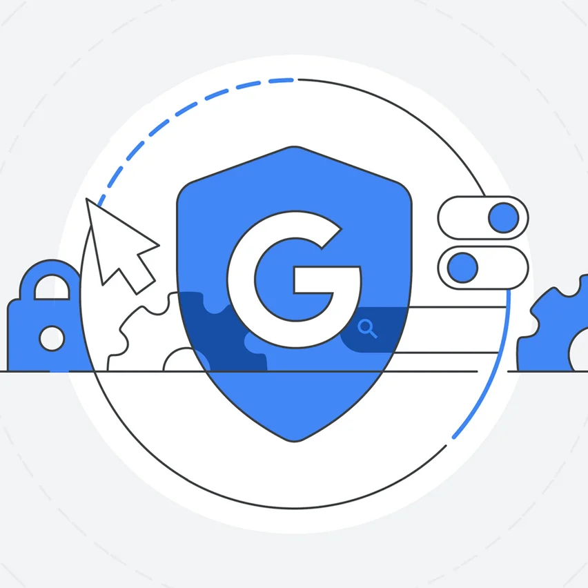 An illustration centered on a blue shield with a white Google G logo, representing privacy and security. Surrounding elements include a padlock, a mouse cursor, gears, and toggle switches, alluding to control and settings within a digital environment.