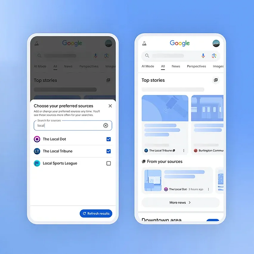 Two mobile phone screens show a Google search interface. The left screen shows a pop-up titled Choose your preferred sources, where a user is selecting local news outlets. The right screen shows the results of this selection, with Top stories and From your sources sections featuring articles from the chosen sources.