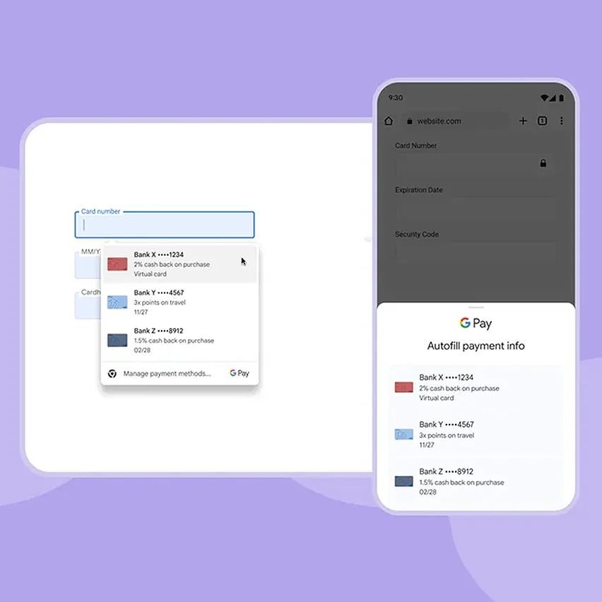 An illustration showing two views of a payment autofill feature. The left shows a desktop view where a user is hovering over a list of saved credit cards to autofill payment info. The right shows a mobile view with a similar pop-up from G Pay, offering to autofill payment details on a website.