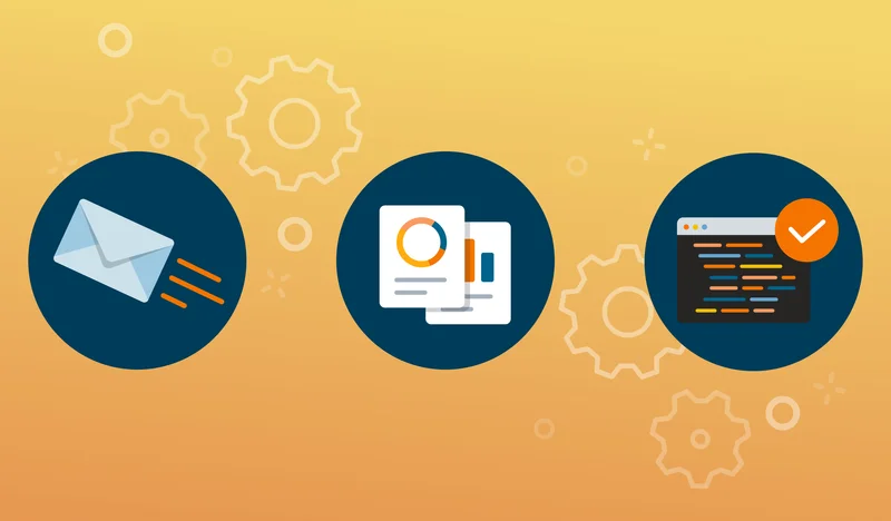 Icons of an email being sent, a pie chart and bar chart, and email code