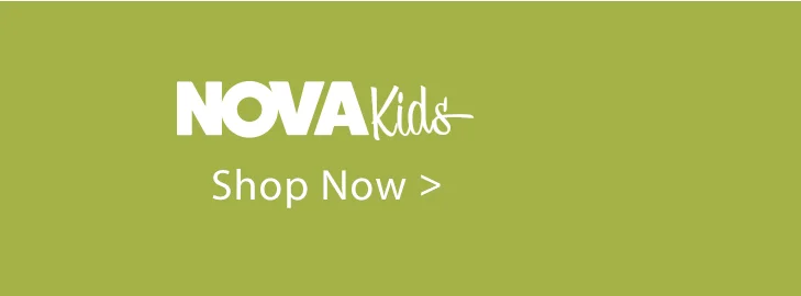 "Nova Kids" white logo on a muted green background, above "Shop Now >". Explore our new collection of kids' fashion and clothing.