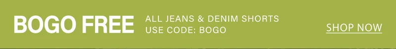 Vibrant green banner with bold white text: "BOGO FREE" for all jeans and denim shorts. Apply "BOGO" code to shop the sale now!