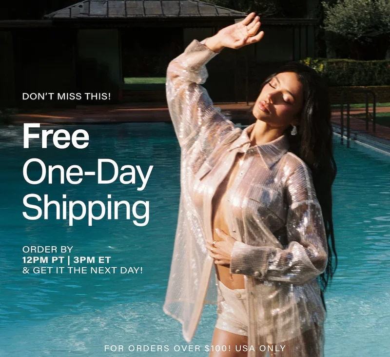 Beige sequin resort wear modeled by a woman by a pool, shielding sun. Promotes free one-day shipping for stylish women's fashion.