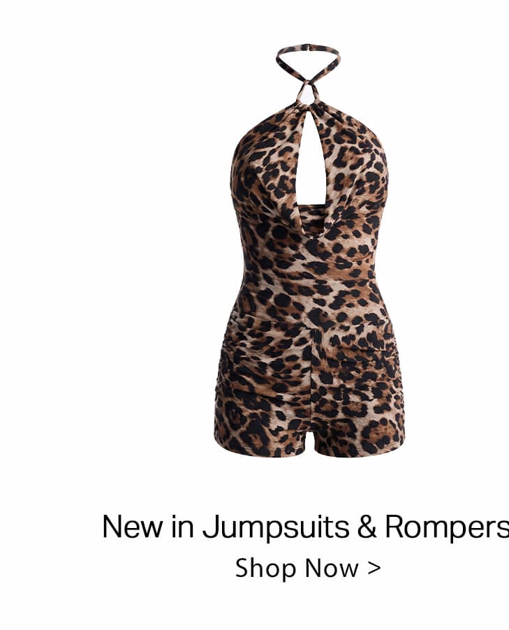 Leopard print halter neck romper featuring a cowl neckline, keyhole cutout, and ruched shorts, promoting new jumpsuits & rompers.