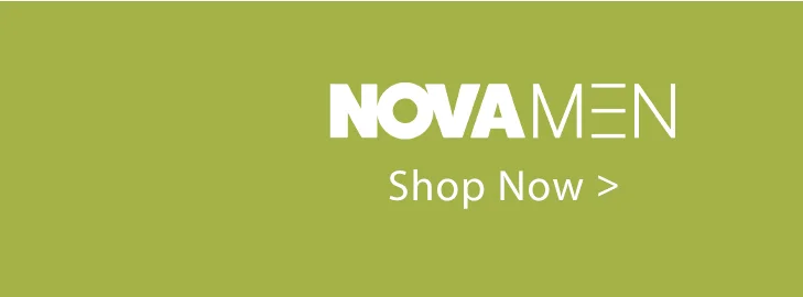 White NOVA MEN logo and 'Shop Now' on a vibrant lime green background, inviting customers to explore the latest men's clothing and fashion.