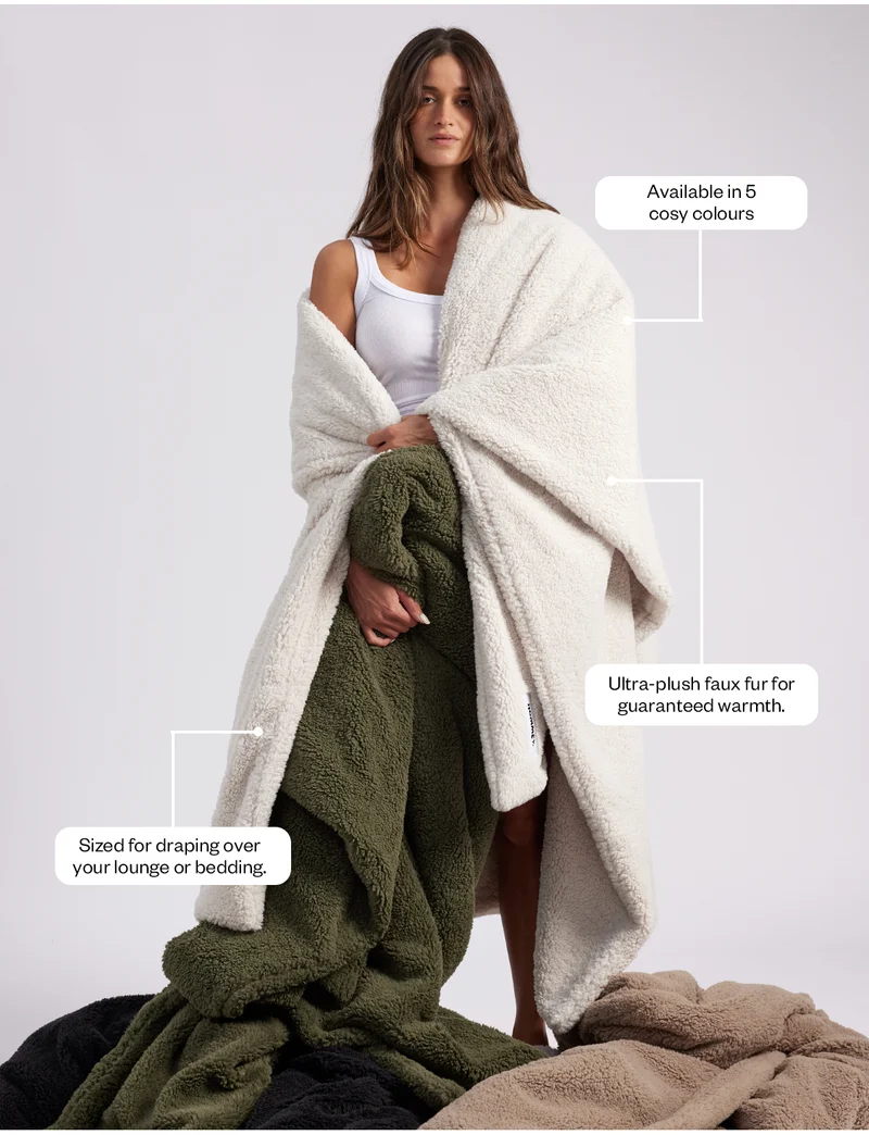 Available in 5 cosy colours. Sized for draping over your lounge or bedding. Ultra-plush faux fur for guaranteed warmth.