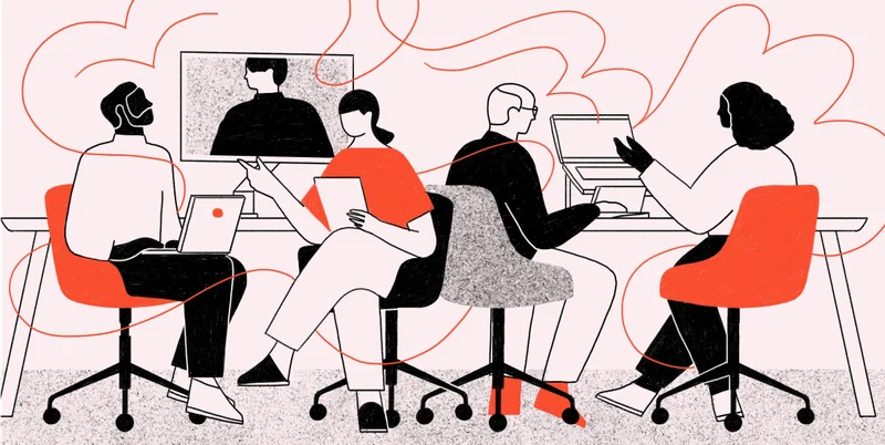 An abstract drawing of people working in small groups