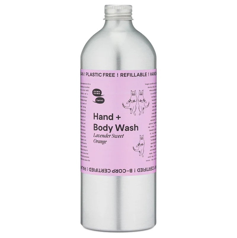 A metal bottle of liquid soap with a lavender colored label.