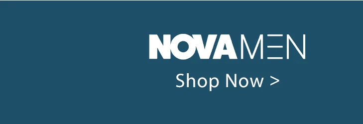NOVAMEN logo and 'Shop Now >' text in white on a dark teal background. Shop the newest NOVAMEN men's fashion collection today.