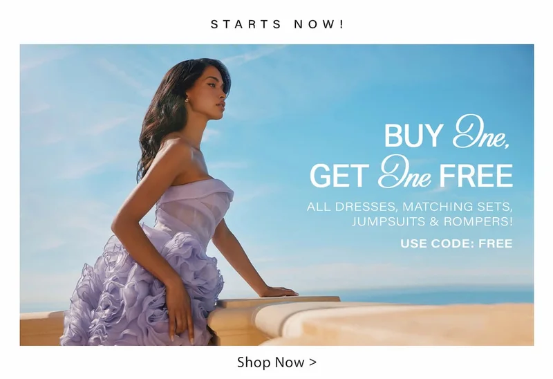 Elegant woman in a lavender dress, blue sky background. Promoting a BOGO sale: dresses, matching sets, jumpsuits, rompers. Use code FREE.