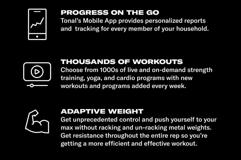 PROGRESS ON THE GO. COPY: Tonal&rsquo;s Mobile App provides personalized reports and  tracking for every member of your household.HEADLINE: THOUSANDS OF WORKOUTS. COPY: Choose from 1000s of live and on-demand strength training, yoga, and cardio programs with new workouts and programs added every week. HEADLINE: ADAPTIVE WEIGHT. COPY: Get unprecedented control and push yourself to your max without racking and un-racking metal weights. Get resistance throughout the entire rep so you're getting a more efficient and effective workout.