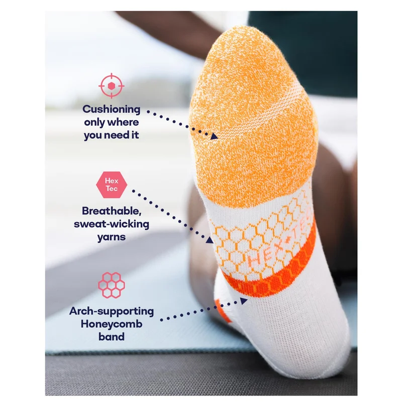 Cushioning only where you need it | Hex Tec | Breathable, sweat-wicking yarns | Arch-supporting Honeycomb band