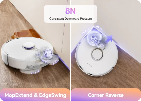 Maximum Edge and Corner Cleaning Coverage Mops extend and swing simultaneously to tackle hard-to-reach areas like edges, corners and even kitchen toe kicks.