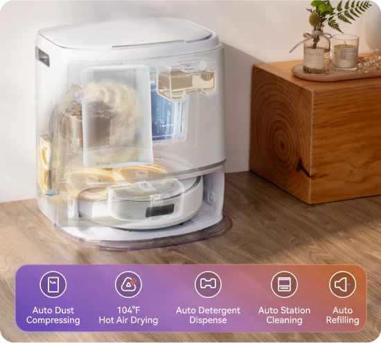 Nex-Gen AI-Powered Base Station Powered by AI Hot Water Mop Washing and 120-Day Base Station Self-Emptying, the base station cleans itself and stays fresh—truly hands-free.