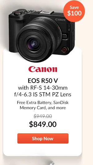 Canon EOS R50 V with RF-S 14-30mm f/4-6.3 IS STM PZ Lens  Free Extra Battery, SanDisk Extreme PRO Memory Card, and Shoulder Bag
