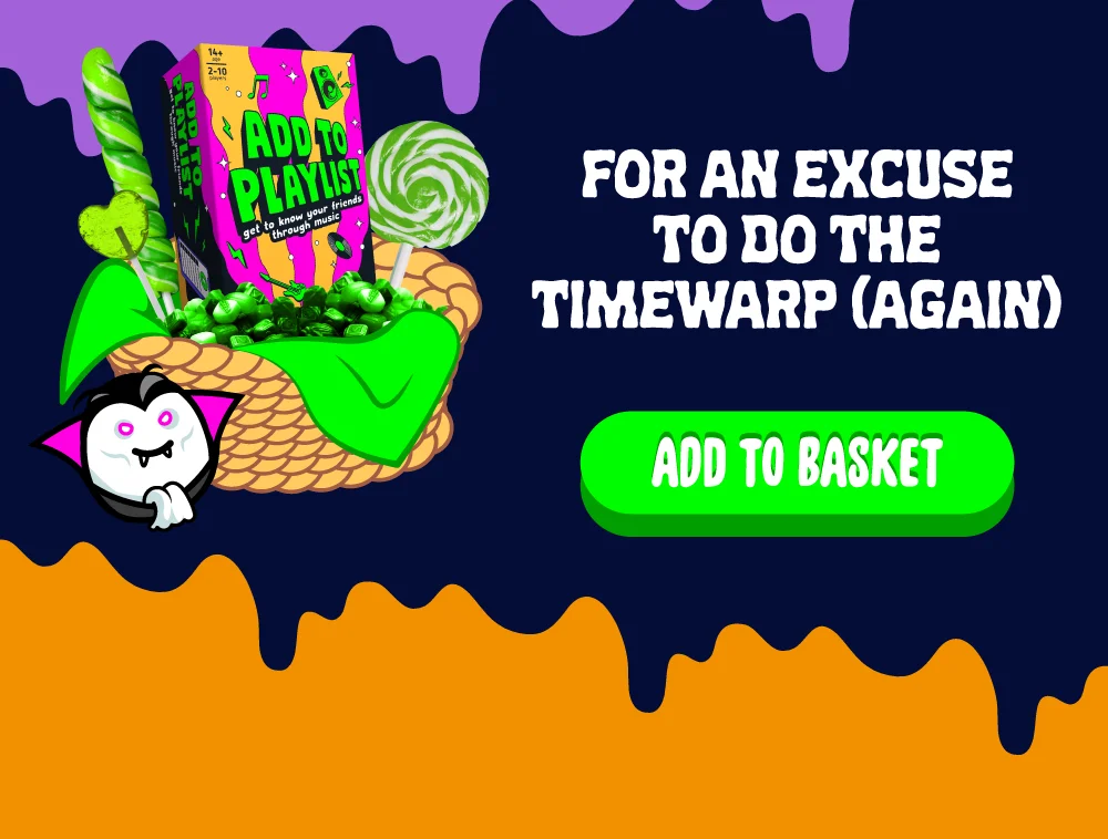 Arrow pointing at the basket with: For blasting hair-raising tunes  <Boo Basket 3: Add to Playlist> A basket with ATP in it, a pink throw, orange socks, lightning bolts coming out of with green lollies sticking out> <Button: ADD TO BASKET>