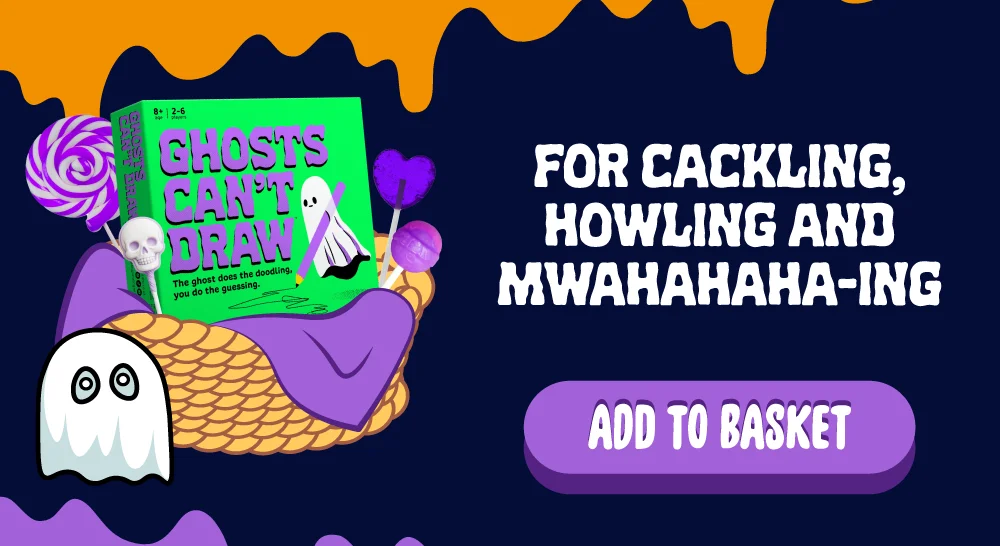 Arrow pointing at the basket with: For howling, cackling, and MWAHAHA-ing <Boo Basket 2: Ghosts Can’t Draw A basket with Ghosts Can’t Draw in it, a purple throw, ghosts coming out of with purple lollies sticking out> <Button: ADD GAME TO BASKET>