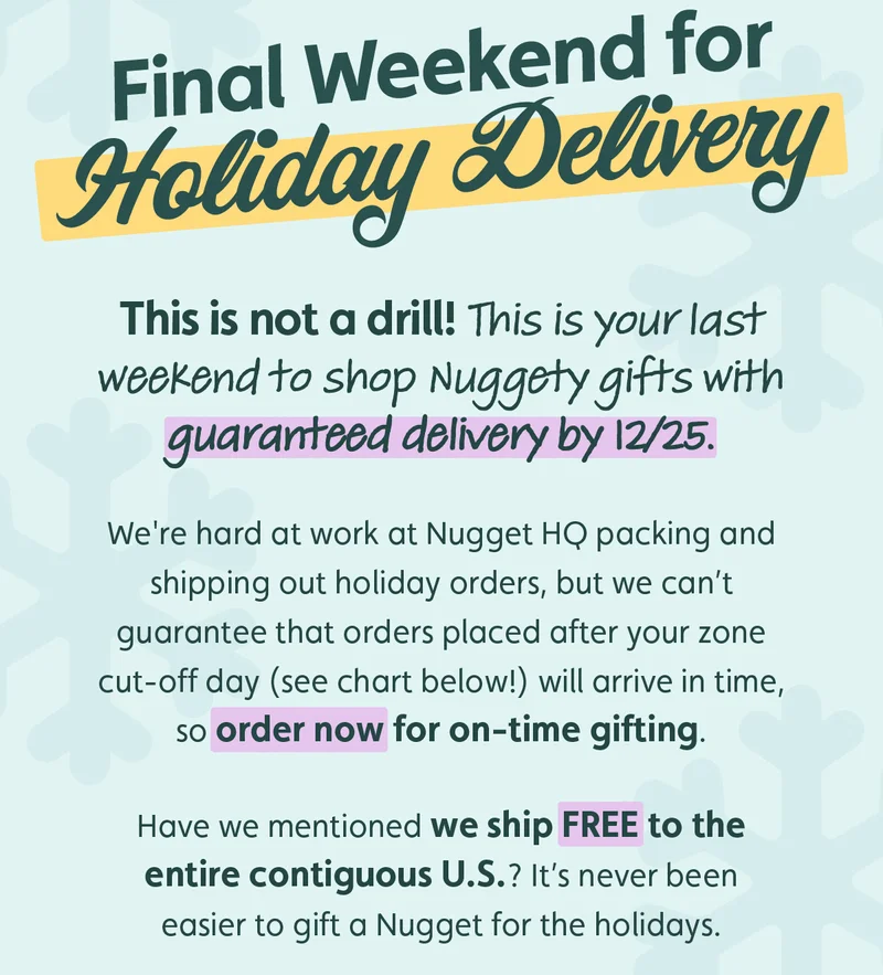 Final Weekend for Holiday Delivery. This is not a drill! This is the last weekend to shop Nuggety gifts with guaranteed holiday delivery. We're hard at work at Nugget HQ packing and shipping out holiday orders, but we can’t guarantee that orders placed after your zone cut-off day (see chart below!) will arrive in time, so order now for on-time gifting.  Have we mentioned we ship FREE to the entire contiguous U.S.? It’s never been easier to gift a Nugget for the holidays.