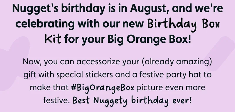 Nugget’s birthday is in August, and we’re celebrating with our new Birthday Box Kit for your Big Orange Box! Now, you can accessorize your (already amazing) gift with special stickers and a festive party hat to make that #BigOrangeBox picture even more festive. Best Nuggety birthday ever!