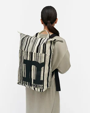 black and light yellow striped backpack.