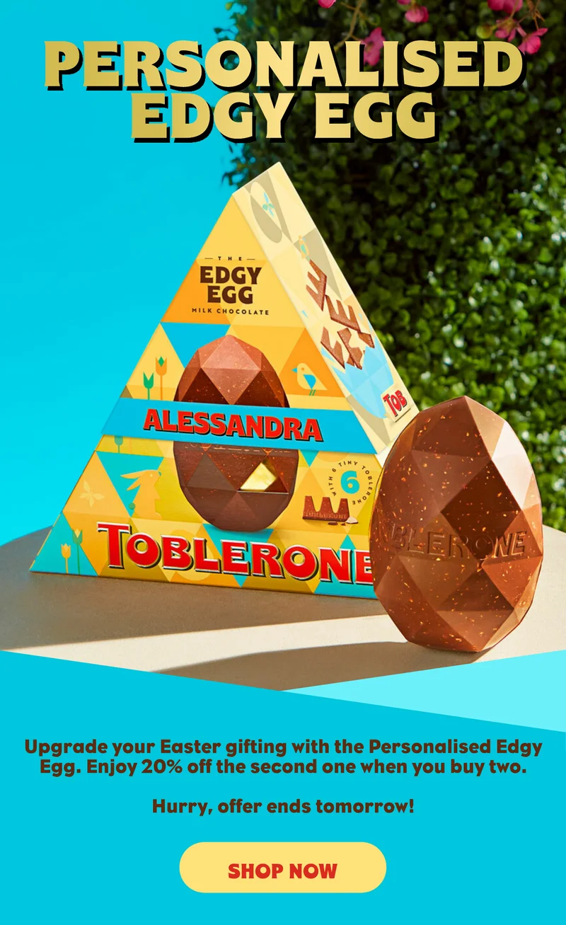 Upgrade your Easter gifting with the Personalised Edgy Egg. Enjoy 20% off the second one when you buy two.   Hurry, offer ends tomorrow!