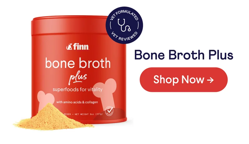 Bone Broth Plus Tin with powder and Vet-Formulated badge overlayed with "Shop Now" button