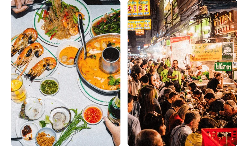 Image Description: Two side-by-side images depicting a top-down shot of tom yum soup and grilled prawns, as well as a busy road in Chinatown packed with streetside diners