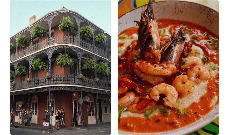 Image Description: Two side-by-side images depicting the iconic French Quarter in New Orleans, and a close-up shot of seafood gumbo in a shallow dish