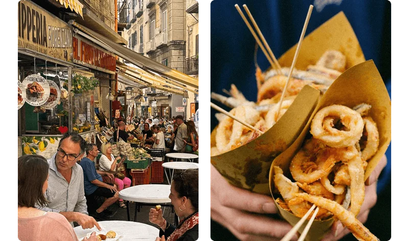 Image Description: Two side-by-side images depicting a food street in Naples, and a traveler holding three paper cones filled with fried seafood
