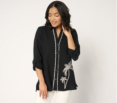 Susan Graver Soleil Petite Gauze Button Front Top with Embroidery