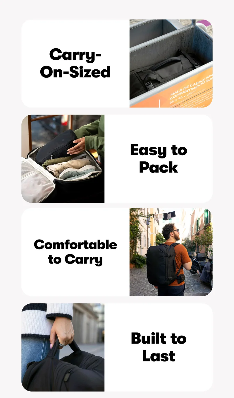 Carry-on-Sized, Easy to Pack, Comfortable to Carry, & Built to Last | Shop Now to get 20% Off for a Limited Time