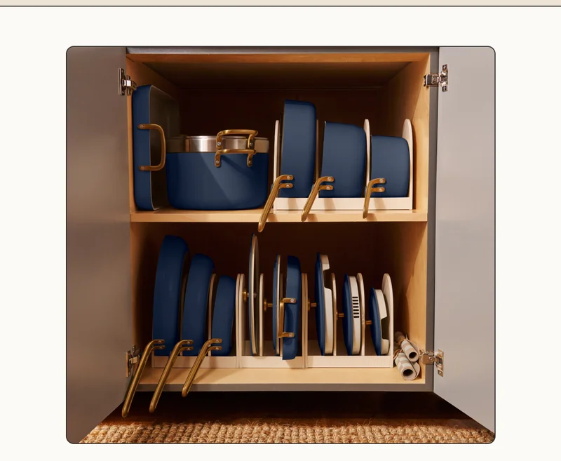 No more rifling through cabinets to find the right fit. Our smart nesting design keeps your pots, pans, and lids in one place.