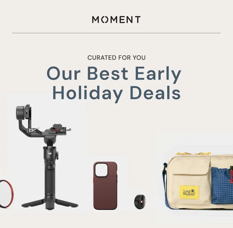 Curated For You Our Best Early Holiday Deals - Images of Moment gear on a white table