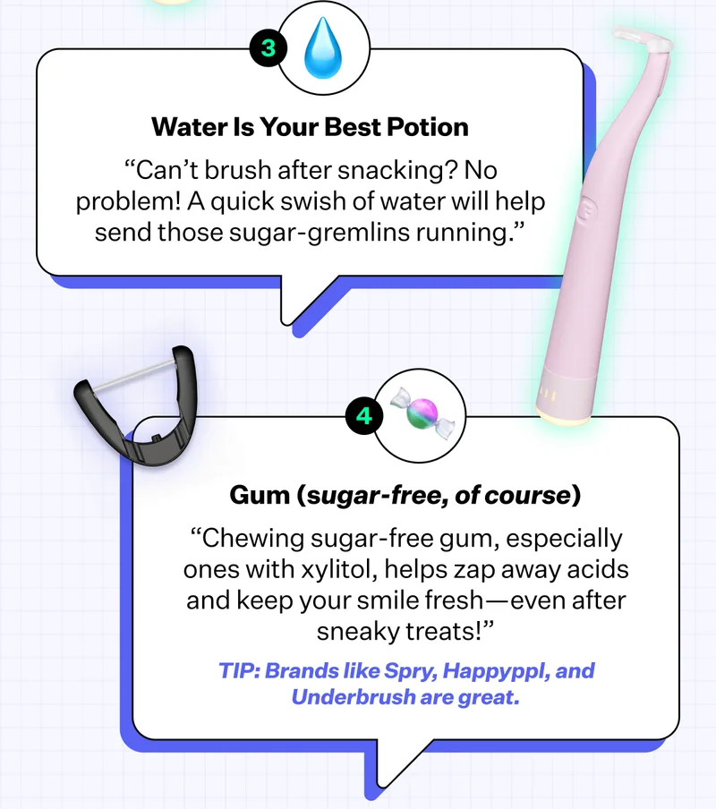 Water is Your Best Potion | "Can't brush after snacking? No problem! A quick swish of water will help send those sugar-gremlins running." | Gum (sugar-free, of course) | "Chewing sugar-free gum, especially ones with xylitol, helps zap away acids and keep your smile fresh- even after sneaky treats!" | Tip: Brands like Spry, Happyppl, and Underbrush are great.