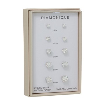 Diamonique Set of 5 Stud Earrings, Sterling or 14K Plated, Boxed