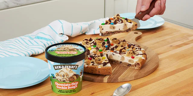 Ben & Jerry's Chocolate Chip Cookie Dough ice cream pizza.