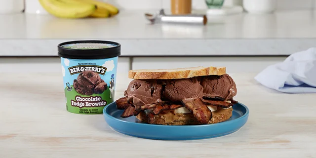 Ben & Jerry's Bacon Breakfast Sandwich with Chocolate Fudge Brownie ice cream.