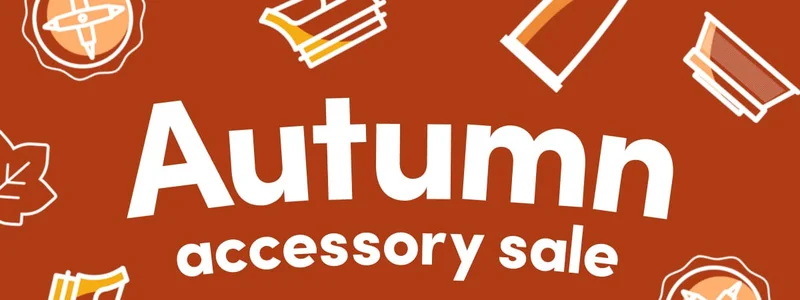 Autumn-themed background with leaves, pumpkins, cups, blades, straws, and lids illustrated in a warm orange and brown color palette.